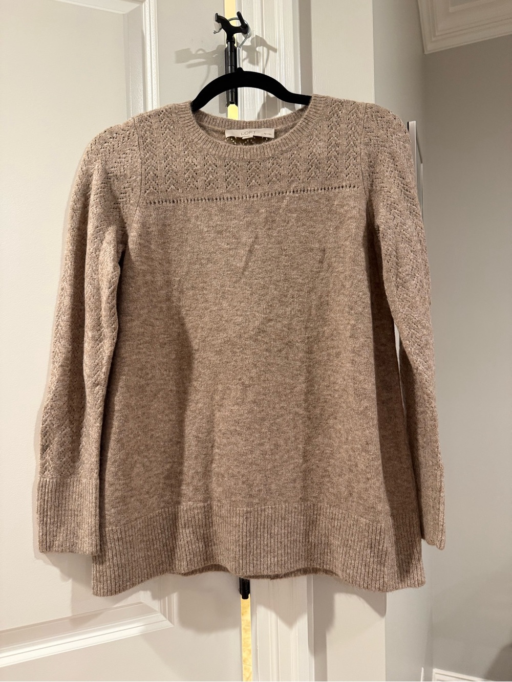 LOFT Cozy Beige Cable-Yoke Crewneck Sweater